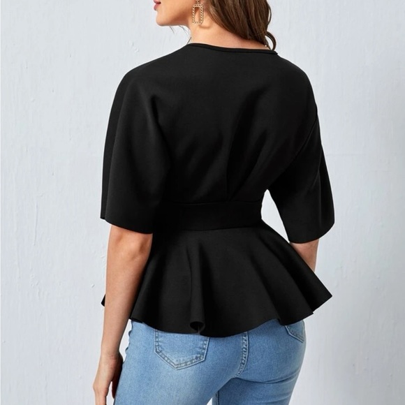 Classic Plunging Neck Tie Waist Peplum Top Blouse Shirt White - Picture 7 of 10